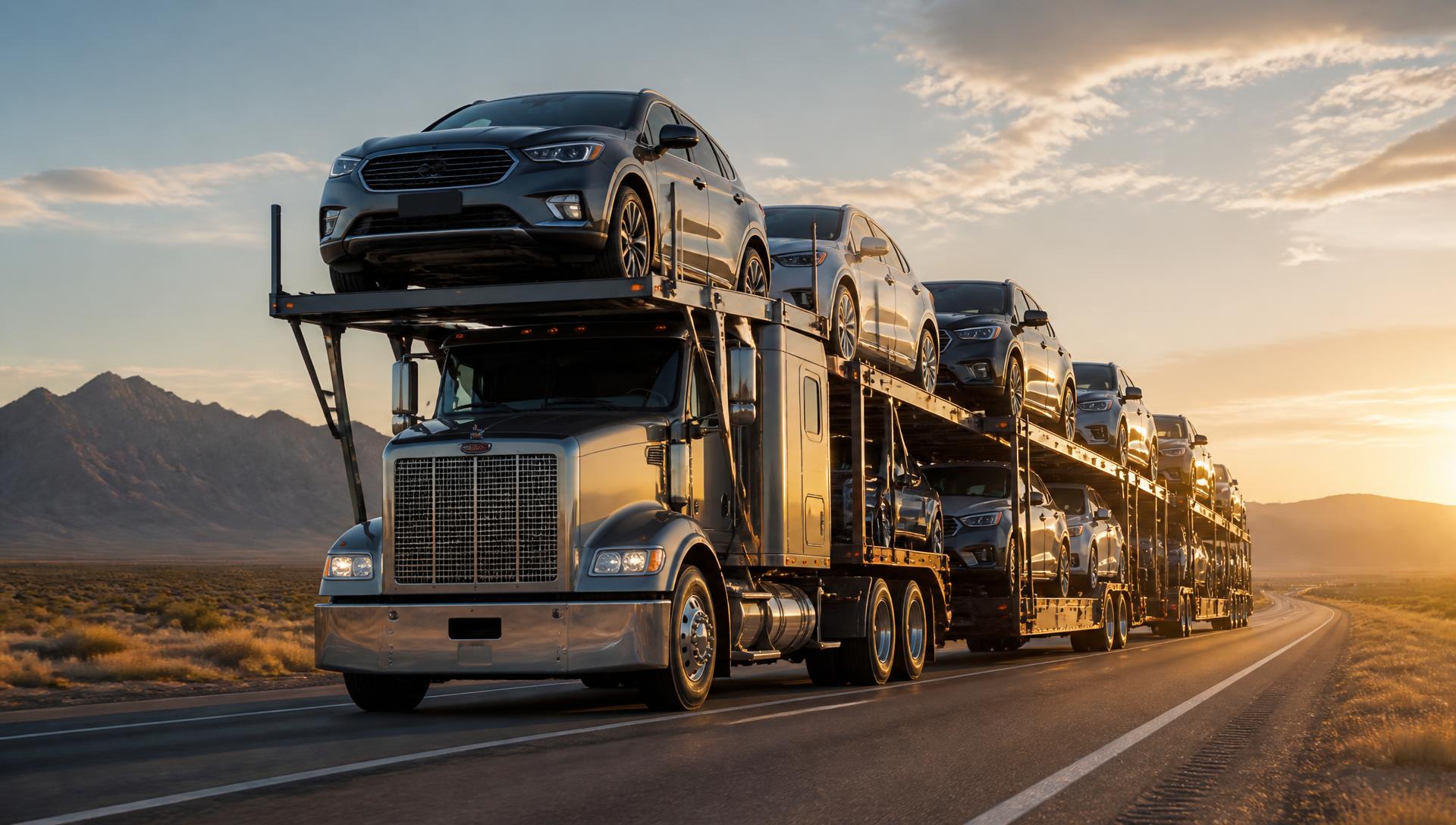 Loaded car hauler driving an open highway at golden hour